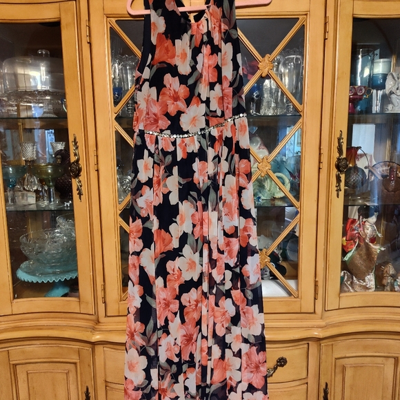 Alex B Nites, Navy floral long dress, Rhinestone waistband, 18W - Picture 5 of 6